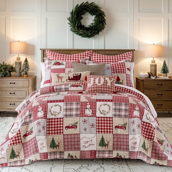 Levtex Home - Home For Christmas Bedspread Set - Queen Bedspread and Two Standard Shams - Patchwork - Green Red Taupe Cream - Bedspread (110X106in.) and Shams (20x26in.) - Cotton