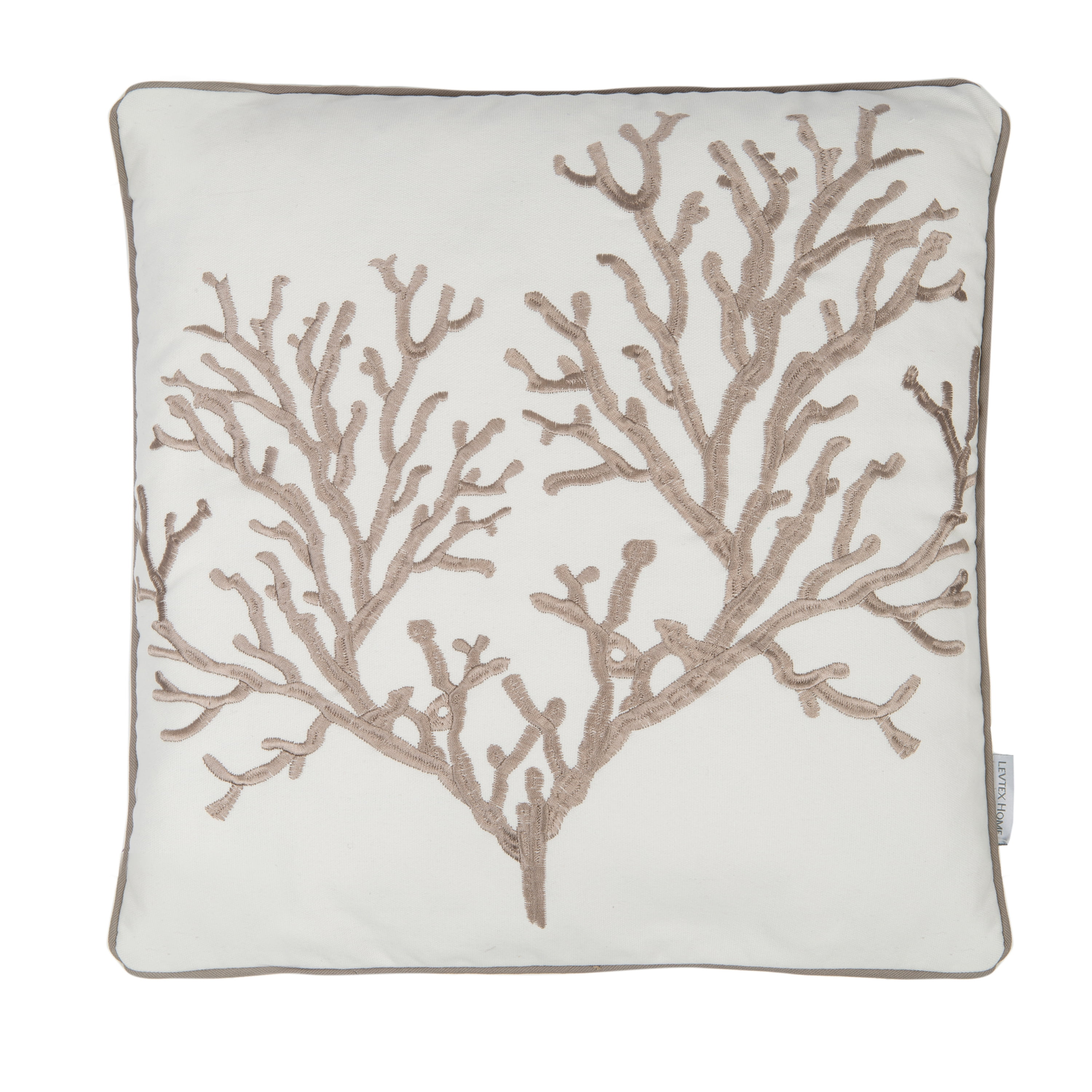 18" White and Taupe Embroidered Coral Square Pillow