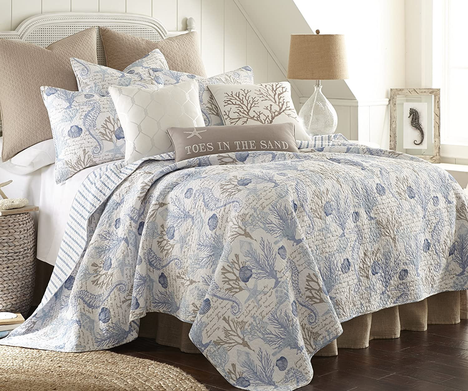 Levtex Home - Galapagos Quilt Set - King Quilt (106x92in.) + Two King Pillow Shams (36x20in.)- Coastal - Blue, Grey, Taupe and White - Reversible - Cotton Fabric