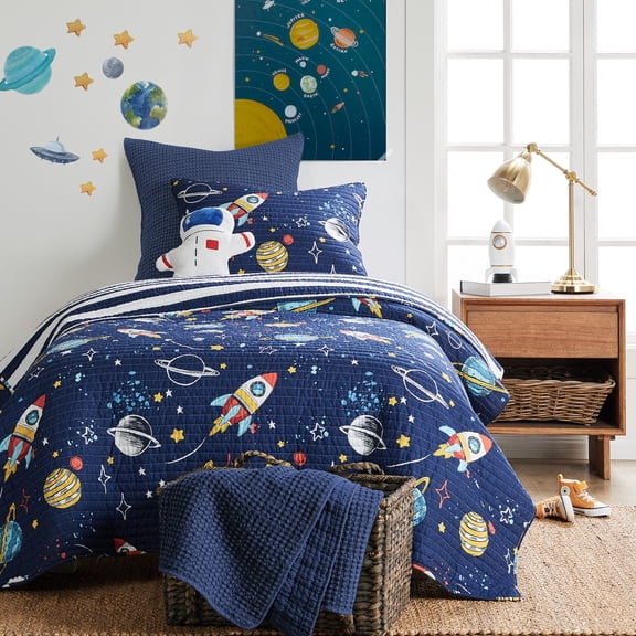 Levtex Home - Galaxy Quilt Set - Full/Queen Quilt and Two Standard Shams - Space - Navy, Red, Yellow and White - Quilt (86x86in.) and Shams (20x26in.) - Reversible - Cotton