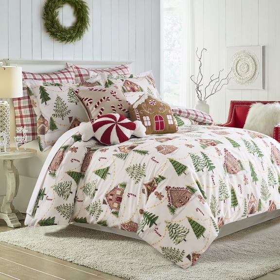 Levtex Home Gingerbread Village Full/Queen Comforter Set - 90x94in. Comforter & 20x26in. Shams - Gingerbread Houses, Trees & Candy Canes - White - Reversible - Cotton
