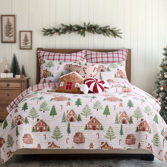 Levtex Home - Gingerbread Village - King - Holiday - Red Green Brown White - Quilt (106x92in.) - Reversible - Cotton