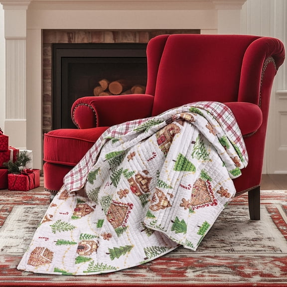 Levtex Home - Gingerbread Village - Quilted Throw - Holiday - Red Green Brown White - Throw (50x60in.) - Reversible - Cotton