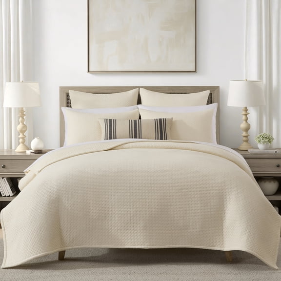 Levtex Home - Grace Cream Quilt Set - Twin Quilt (68x86in) and One Standard Sham (20x26in) - Textured Micro Pintuck Design - Cream - Cotton
