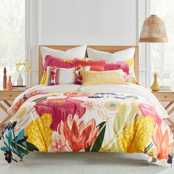 Levtex Home - Grandiflora Duvet Cover Set - Full/Queen Duvet Cover + Two Standard Pillow Cases - Multicolor Bold Contemporary Floral - Duvet Cover (90 x 94in.) and Pillow Case (26 x 20in.) - Cotton