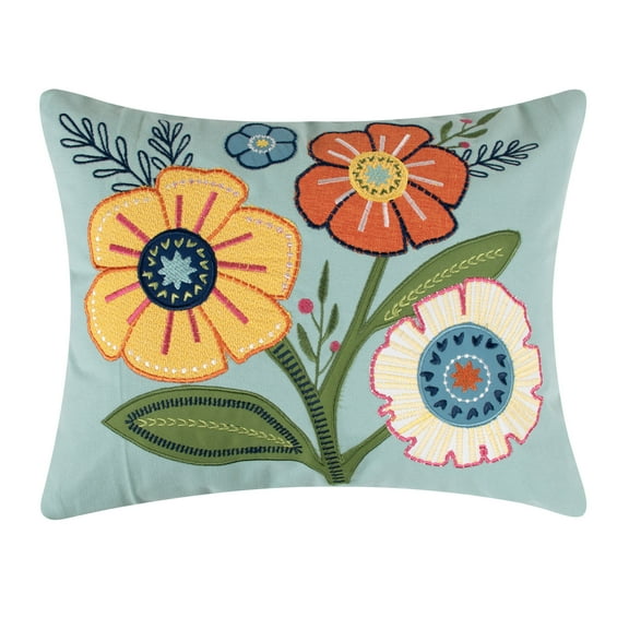 Levtex Home - Grandiflora Garden - Decorative Pillow (14 x 18in.) - Embroidered Flowers - Teal, Orange and Green