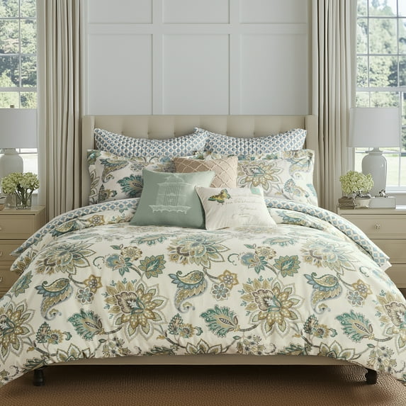 Levtex Home - Grey Palladium Duvet Cover Set - Twin Duvet Cover + 1 Pillow Case - Paisley - Green, Yellow, Grey, Blue and White - Duvet Cover (68 x 88in.) and Pillow Case (26 x 20in.) - Cotton