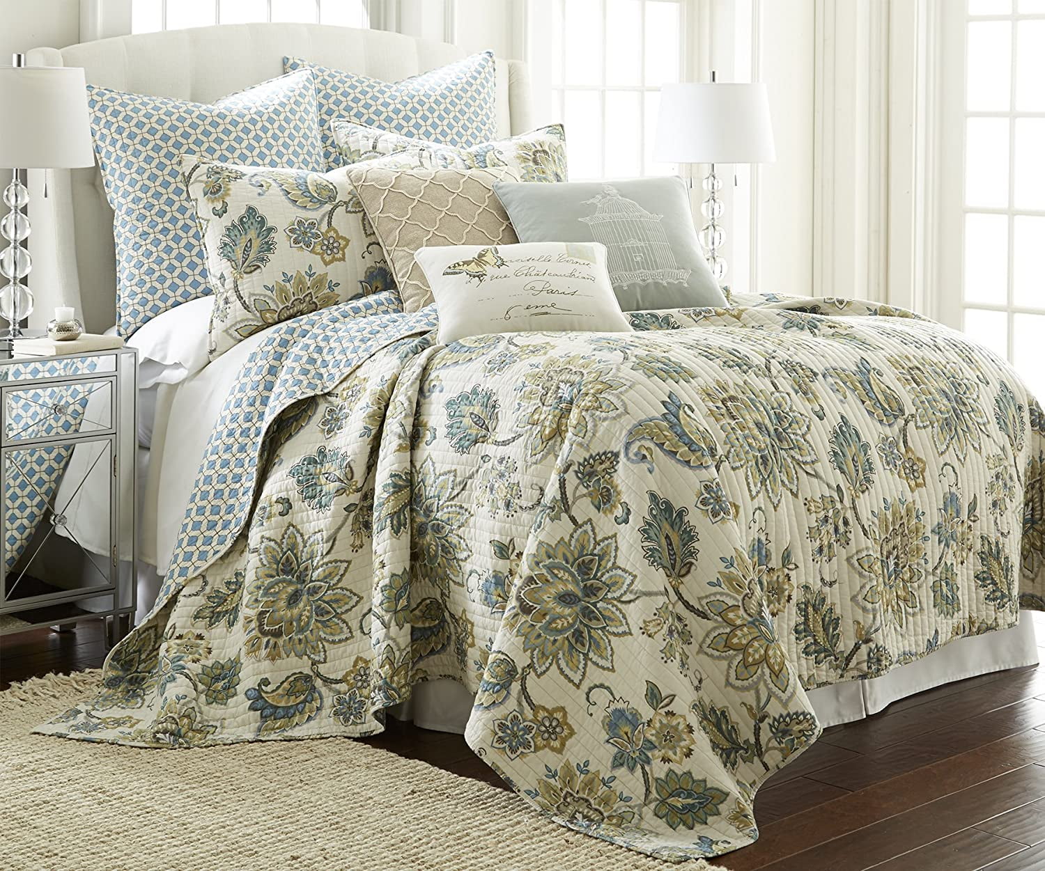 Gray and Teal Cotton Twin Reversible Quilt Set