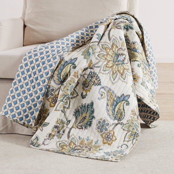 Levtex Home - Grey Palladium Quilted Throw 50x60in - Paisley - Green, Yellow, Grey, Blue, and White - Reversible - Cotton Fabric