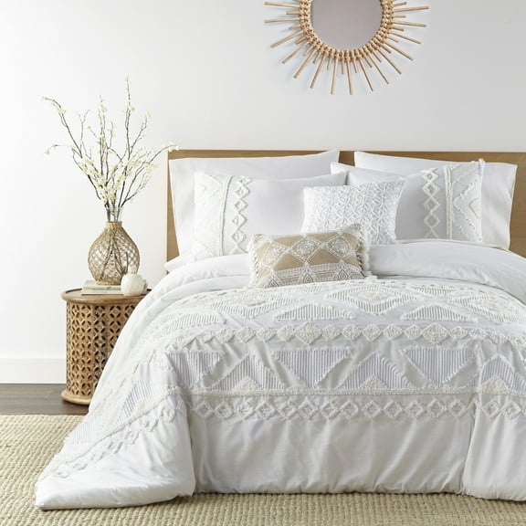 Levtex Home - Harleson Duvet Cover Set - King Duvet Cover + Two King Pillow Cases - Tufted Chenille Frayed Tribal in White and Cream - Duvet (106 x 94in.) and Pillow Case (36 x 20in. ) - Cotton