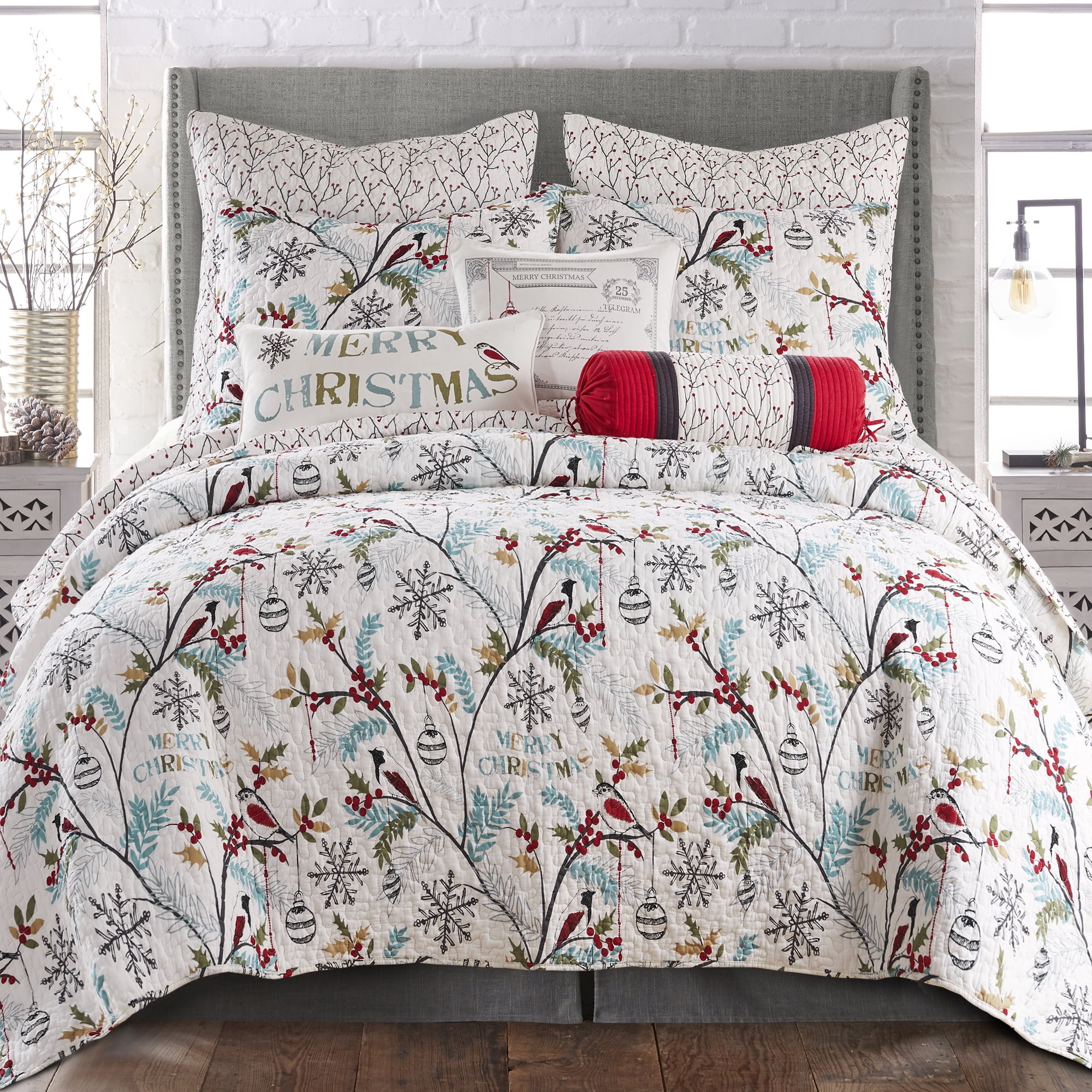 Levtex Home - Holly Quilt Set - Full/Queen Quilt + Two Standard Pillow Shams - Christmas Trees - Teal Red Green White - Quilt Size (88x92in.) and Pillow Sham Size (26x20in.) - Reversible - Cotton
