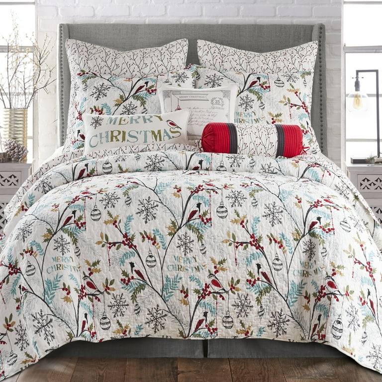 Levtex Home Holly Quilt Set King Cal King Quilt Two King Pillow Shams Christmas Trees Teal Red Green White Quilt Size 106x92in. and Pillow Sham Size 36x20in. Reversible Cotton Walmart