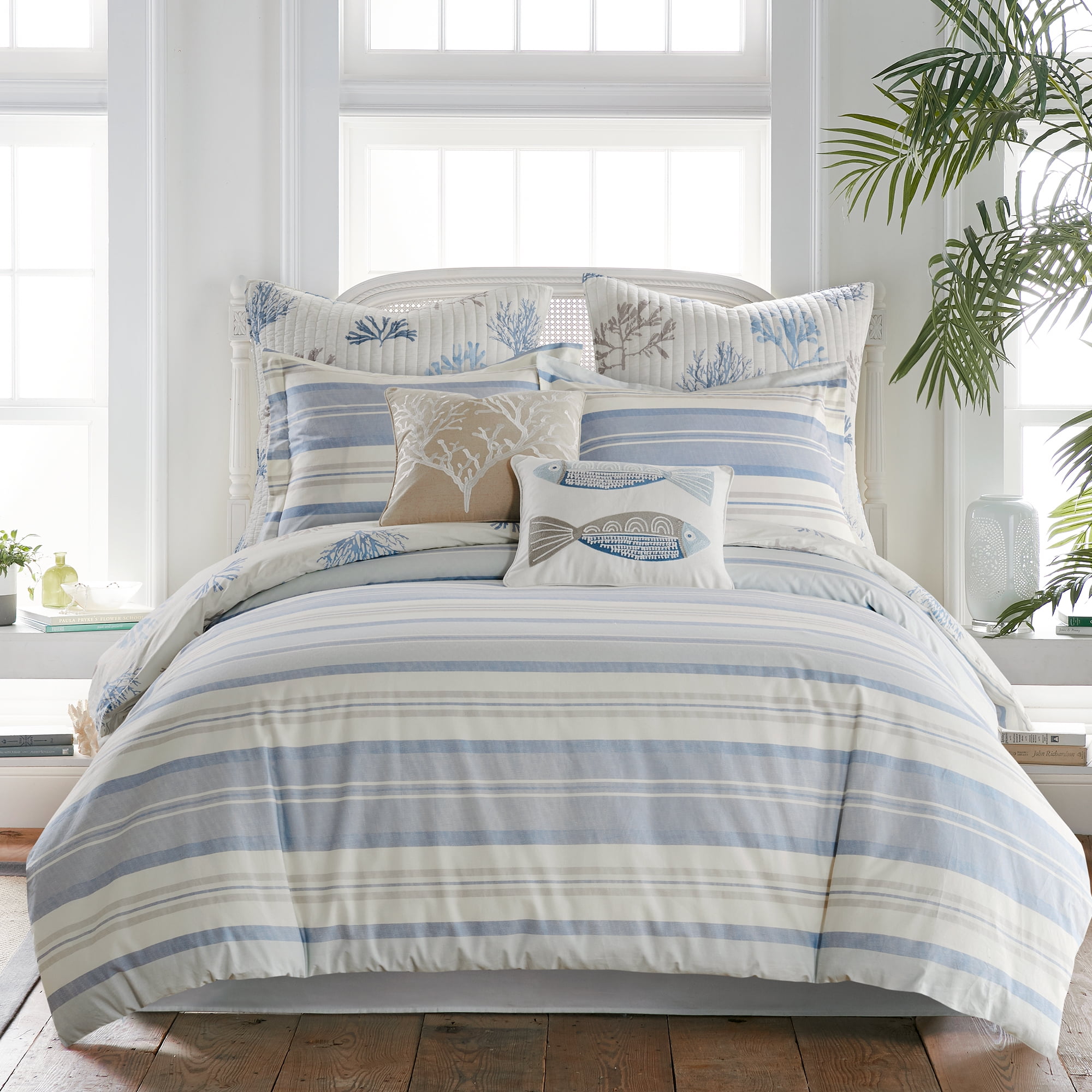 Full/Queen Blue and Taupe Cotton Nautical Bedspread Cover Set