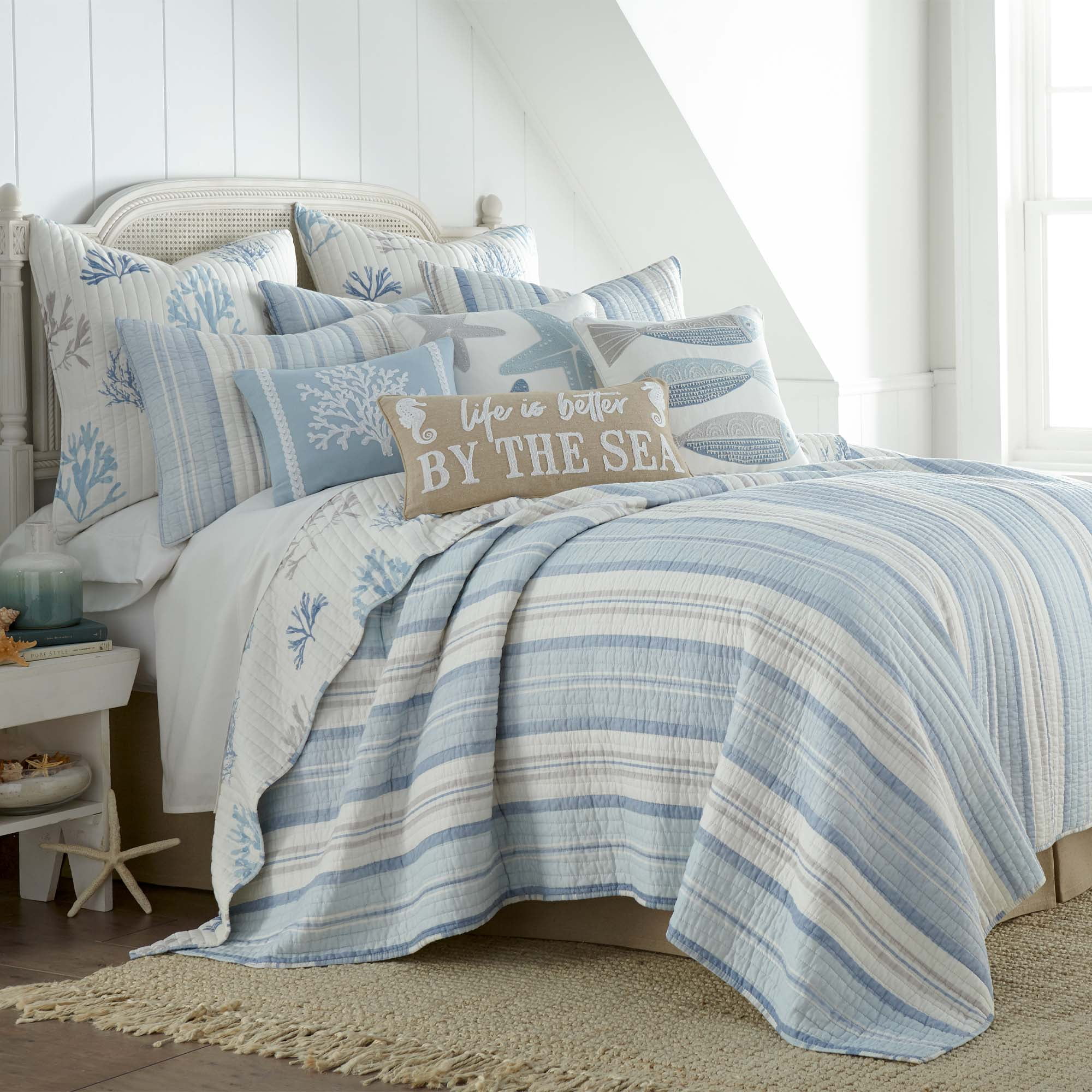 Levtex Home - Ipanema Quilt Set - King Quilt + Two King Pillow Shams - Coastal - Blue, Taupe and Cream - Quilt Size (106x92in.) and Pillow Sham Size (36x20in. ) - Reversible - Cotton Fabric