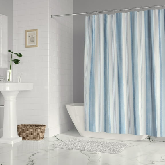 Levtex Home - Ipanema - Shower Curtain (72x72in.) with Button Holes - Coastal in Blue Taupe and Cream - Blue, Taupe and Cream - Cotton Fabric