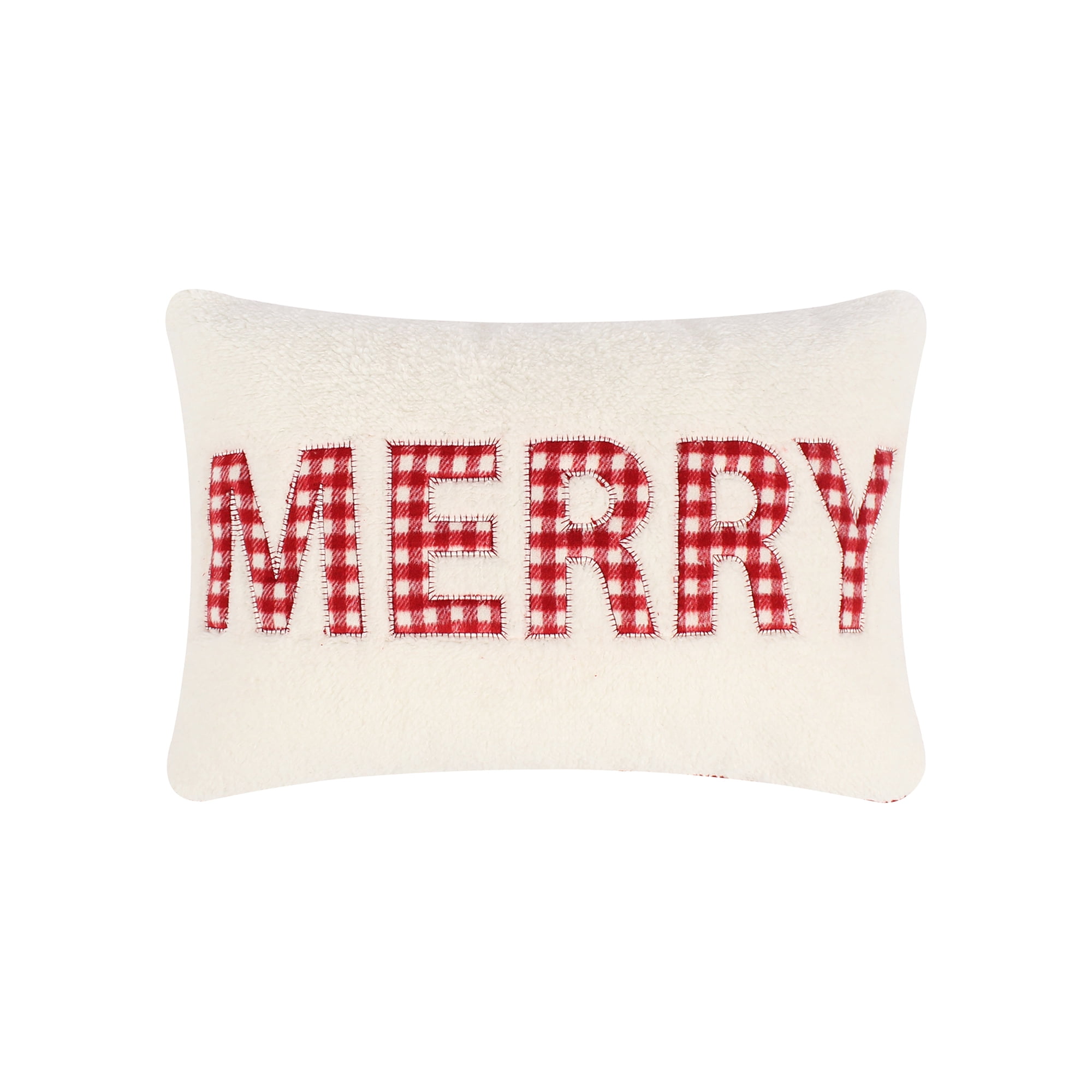 Joulset Cream and Red Gingham Merry Decorative Pillow 12x18