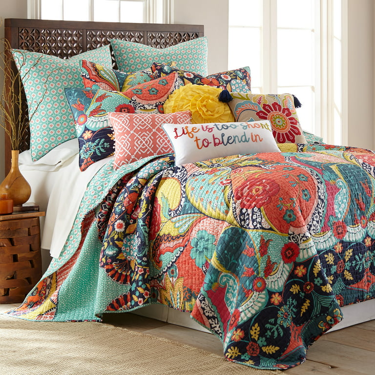 Levtex Home - Jules Quilt Set - Full/Queen Quilt 88x92in.) + Two Standard  Pillow Shams (26x20in.) - Bohemian - Teal, Orange, Yellow, Green, Blue,  Red