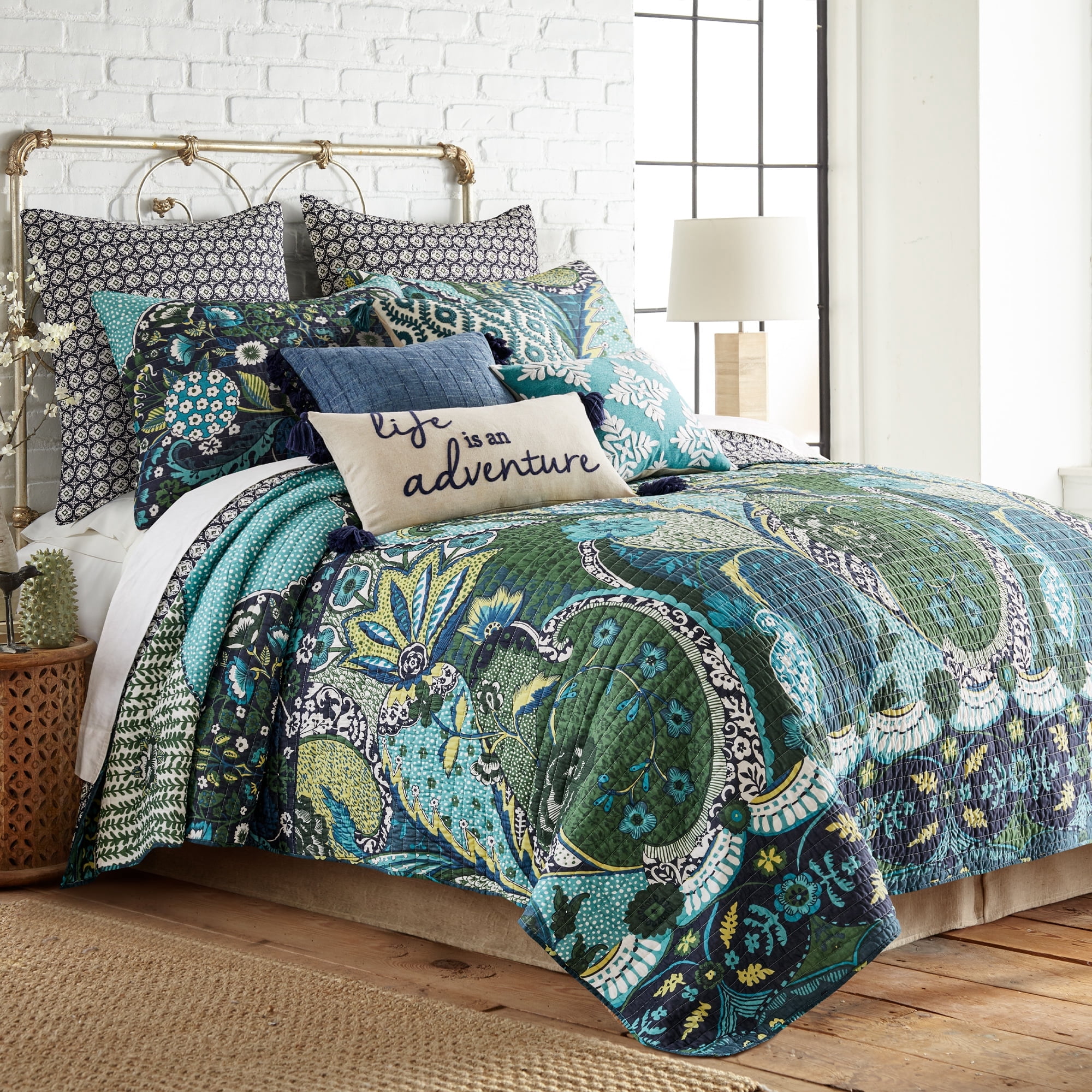Levtex Home - Jules Quilt Set - Full/Queen Quilt + Two Standard Pillow Shams - Bohemian - Navy, Green, Blue, Teal - Quilt Size (88x92in.) and Pillow Sham Size (26x20in.) - Reversible - Cotton Fabric