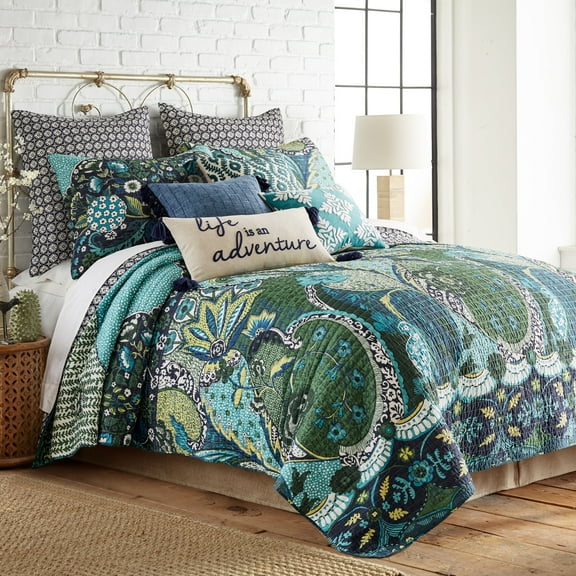 Levtex Home - Jules Quilt Set - King Quilt + Two King Pillow Shams - Bohemian - Navy, Green, Blue, Teal - Quilt Size (106x92in.) and Pillow Sham Size (36x20in.) - Reversible - Cotton Fabric