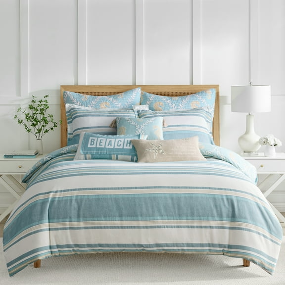 Levtex Home - Kailua Comforter Set - King Comforter (106x94in.) + Two King Pillow Cases (36x20in.) - Stripe - Blue Teal Taupe Cream - Cotton