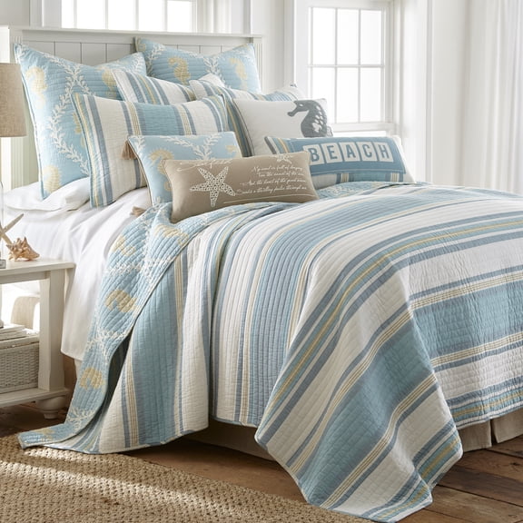 Levtex Home - Kailua Quilt Set - Twin Quilt + One Standard Pillow Sham - Stripe - Blue Teal Taupe Cream - Quilt (68x86in.) and Pillow Shams (26x20in.) - Reversible - Cotton Fabric