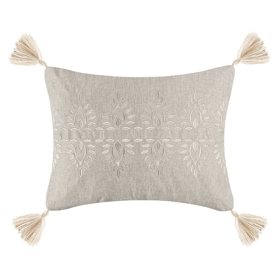 Levtex Home - Kamira Spa - Decorative Pillow (18x14in.) - Tassel Embroidered - Cream and Taupe