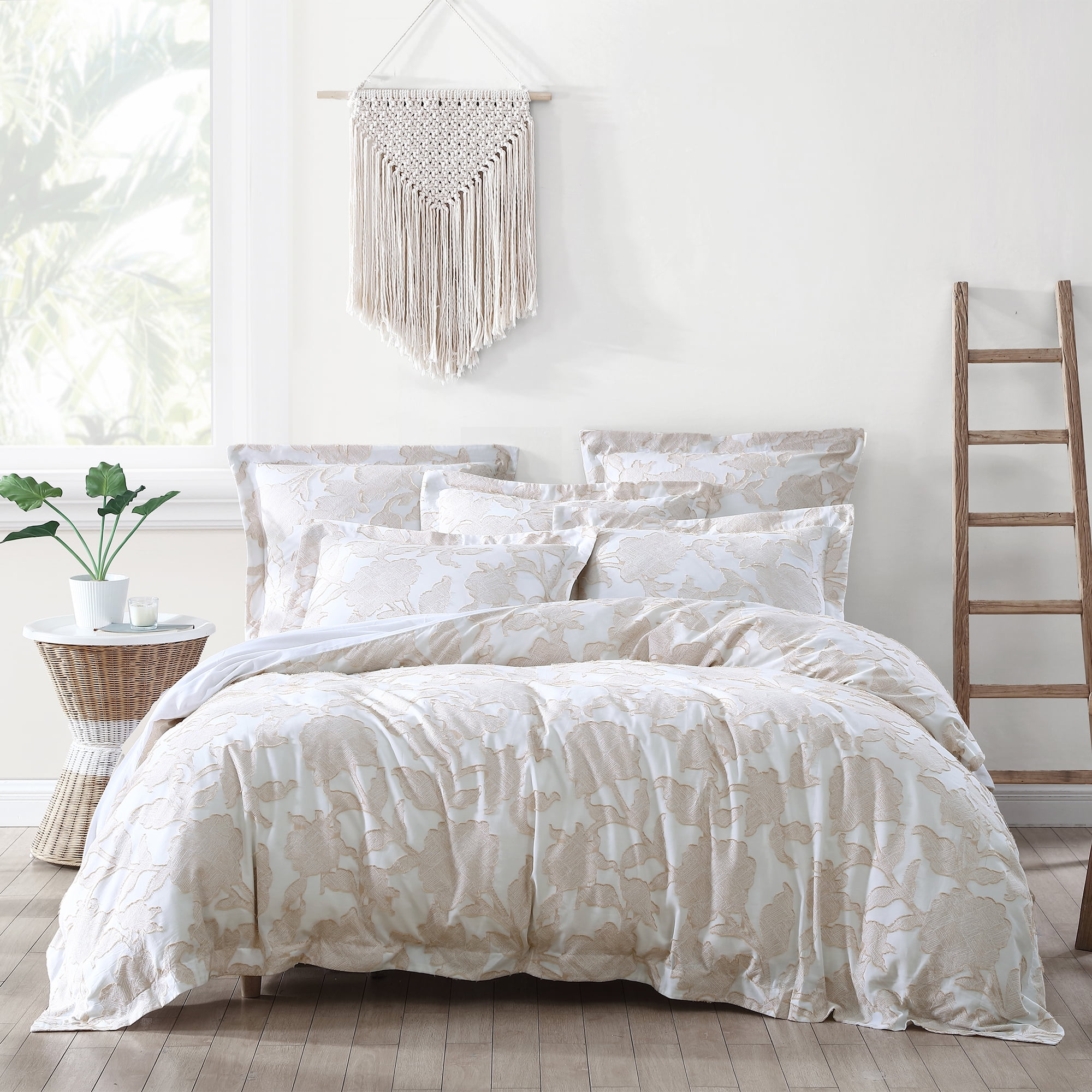 Twin Cream and Taupe Cotton Floral Bedspread Cover Set