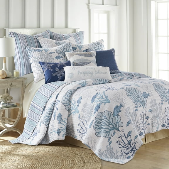 Levtex Home Lacey Sea Blue and White Cotton Quilt, Full/Queen - Reversible