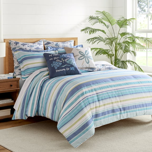 Levtex Home - Laida Beach Duvet Cover Set - Twin Duvet Cover   One Standard Pillow Case - Coastal Stripe - Green, Blue, White - Duvet Cover (68 x 88in.) and Pillow Case (26 x 20in.) - Cotton