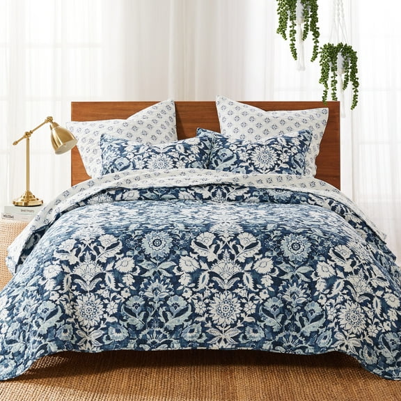 Levtex Home - Laure Indigo Quilt Set - Full/Queen Quilt and Two Standard Shams - Floral - Indigo, Blue and White - Quilt (88x92in.) and Shams (20x26in.) - Reversible - Cotton