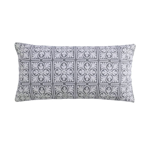 Levtex Home - Legacy - Decorative Pillow (12 x 24in.) - Embroidered Medallions - Grey and White