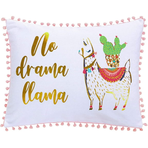 Levtex Home - Lima Llama - Decorative Pillow (14 X 18in.) - No Drama Llama in gold script - White, Taupe, Gold, Orange, Pink, Green, Burgandy