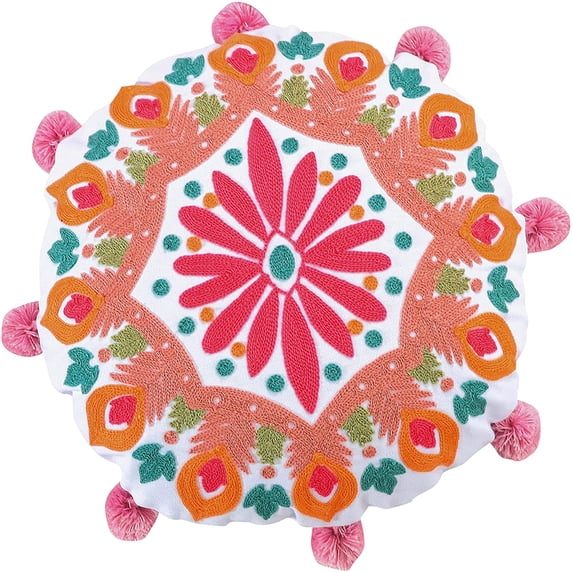 Levtex Home - Lima Llama - Decorative Pillow (16in.R) - Embroidered Round Suzani pattern - White, Fuschia, Salmon, Orange and Pink