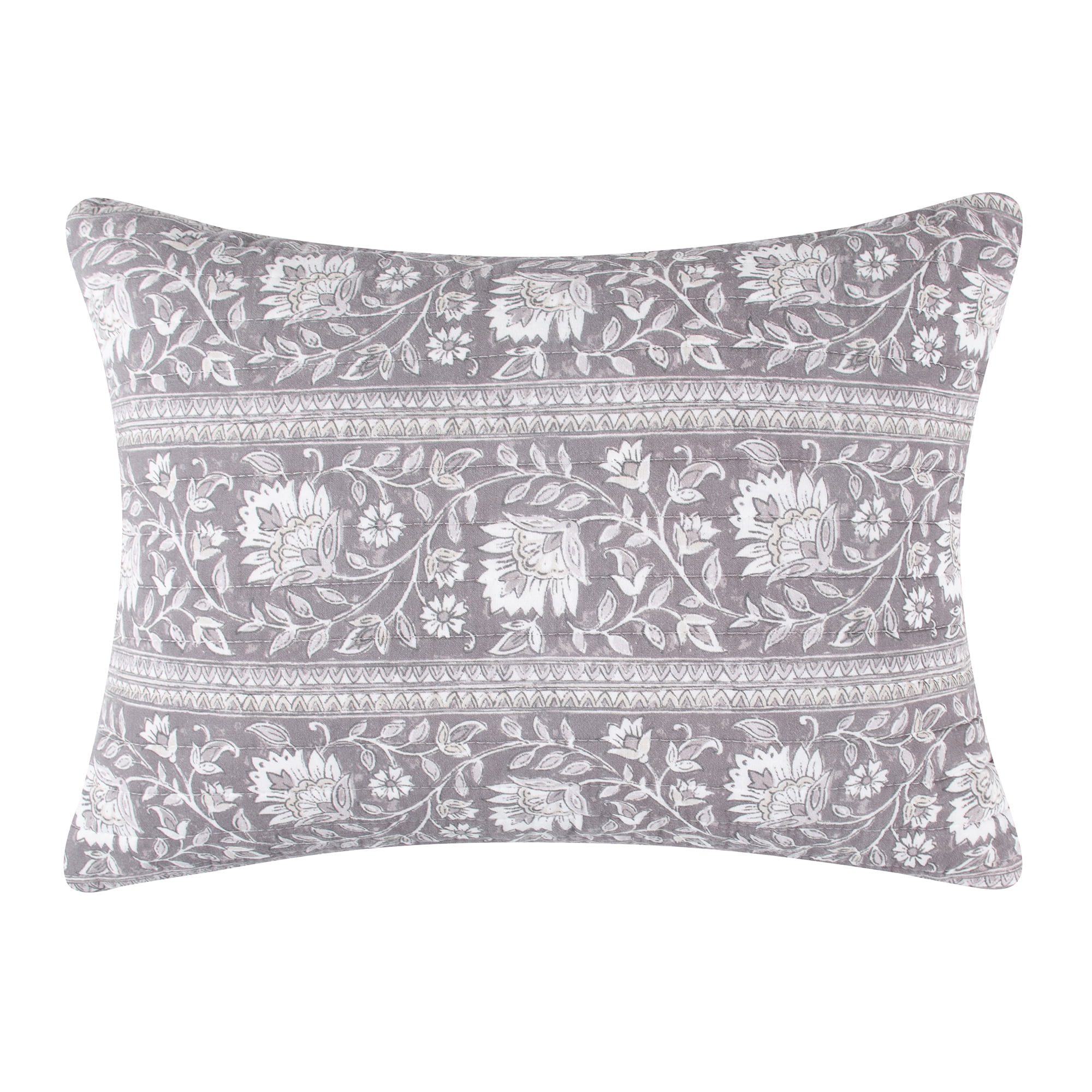 Grey Quilted Floral Stripe Block Pillow 14x18