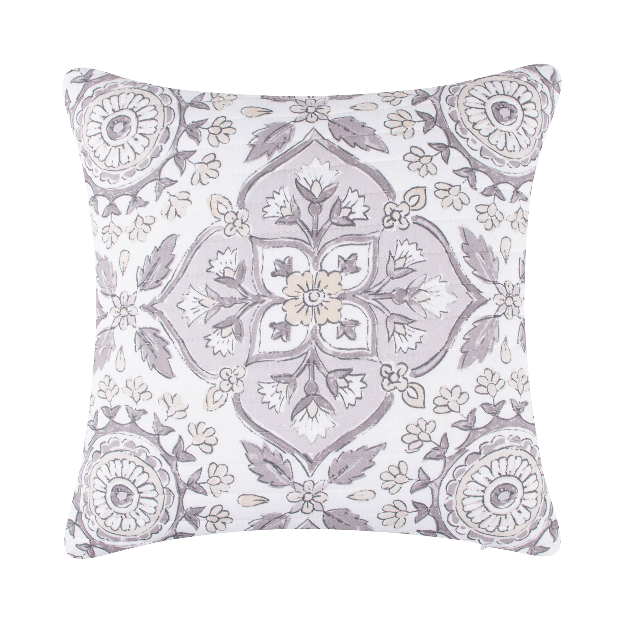 Lirelle 18x18 Quilted Medallion Pillow in Tan and Gray