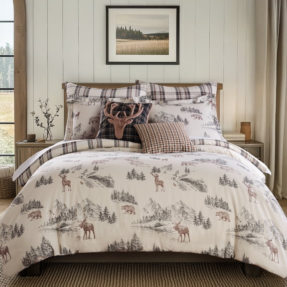 Levtex Home - Lodge Toile Comforter Set - King Comforter (106 x 94in.) Two King Pillow Cases (36 x 20in.) - Toile - Brown Ivory Charcoal - Cotton