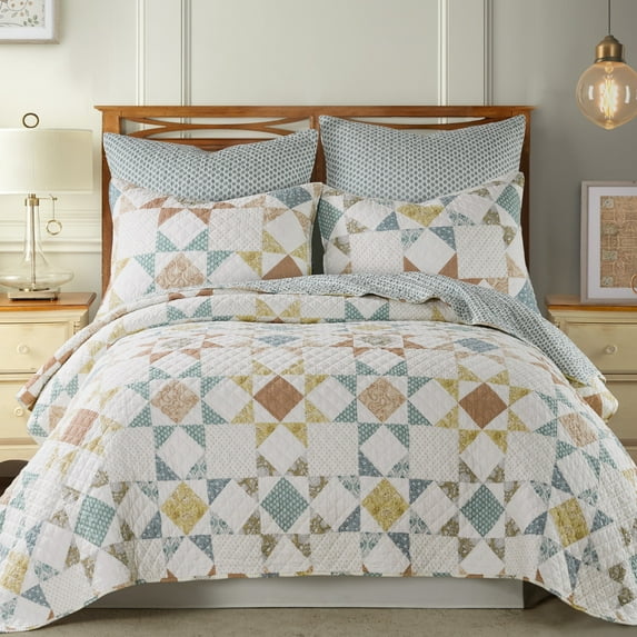 Levtex Home - Lottie Quilt Set - King Quilt and Two King Shams - Patchwork - Sienna Teal Green Ochre Taupe and Cream - Quilt (106x92in.) and Shams (20x36in.) - Reversible - Cotton