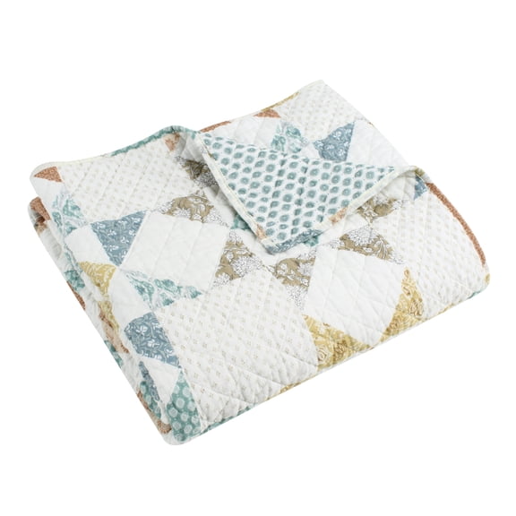 Levtex Home - Lottie - Throw - Patchwork - Sienna Teal Green Ochre Taupe and Cream - Quilt (50x60in.) and Sham 50x60in. - Cotton