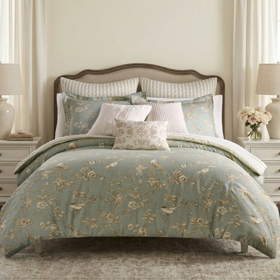 Levtex Home - Lyon Teal Comforter Set - King Comforter (106x94in) and 2 King Shams (20x36in) - Toile Bird Floral Design - Teal - Reversible - Cotton
