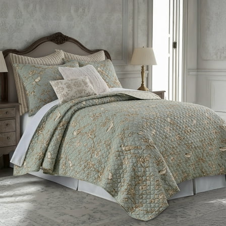 Levtex Home - Lyon Teal Quilt Set - Full/Queen Quilt (88x92in.) + One Standard Pillow Sham (26x20in.) - Toile - Teal,Beige - Reversible - Cotton Fabric