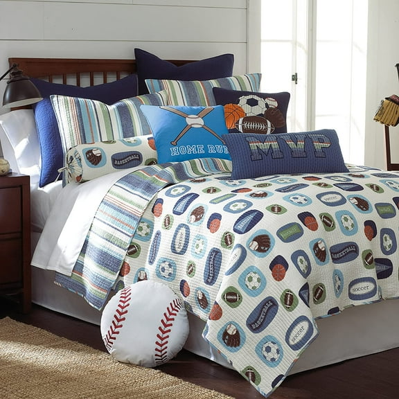 Levtex Home - MVP Quilt Set - Full/Queen Quilt and Two Standard Shams - Striped - Blue, Green, White and Orange - Quilt (86x86in.) and Shams (20x26in.) - Reversible - Cotton