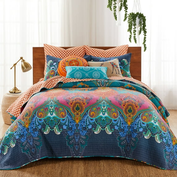 Levtex Home - Mackenzie Bedspread Set - Full Bedspread and One Standard Sham - Bohemian - Teal, Orange, Yellow, Green, Blue - Bedspread (96X106in.) and Sham (20x26in.) - Cotton