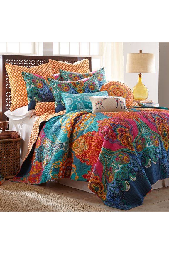 - Mackenzie Quilt Set - Full/Queen Quilt (88x92in.) + Two Standard Pillow Shams (26x20in.) - Bohemian - Teal, Orange, Yellow, Green, Blue - Reversible - Cotton Fabric