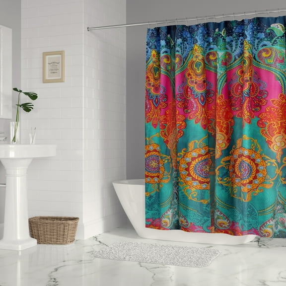 Levtex Home - Mackenzie - Shower Curtain (72x72in.) with Button Holes - Bohemian - Teal, Orange, Yellow, Green, Blue - - Cotton Fabric