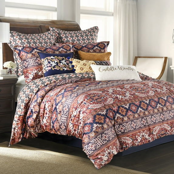 Levtex Home - Madera Duvet Set - Full/Queen Duvet Cover (90 x 94in.) + Two Standard Pillow Cases (26 x 20in.) - Navy, Rust, Orange and Cream - Printed Velvet Medallion Stripe - Polyester Velvet