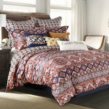 Levtex Home - Madera Duvet Set - Twin Duvet Cover (66 x 88in.)   One Standard Pillow Cases (26 x 20in.) - Navy, Rust, Orange and Cream - Printed Velvet Medallion Stripe - Polyester Velvet