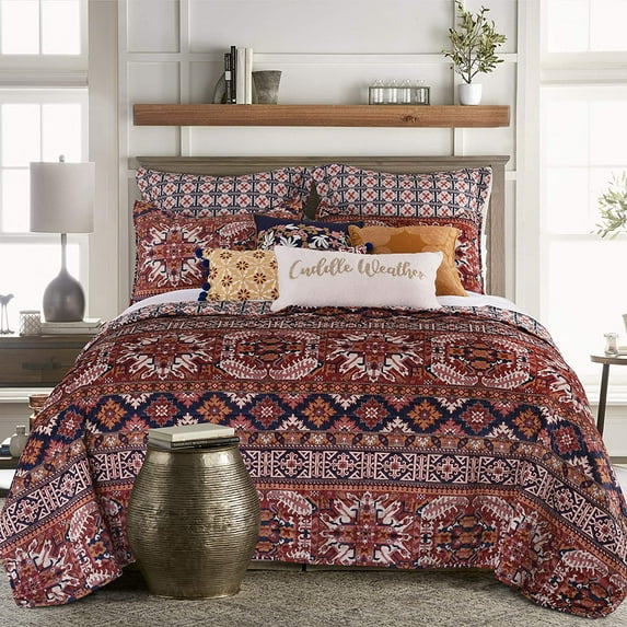 Levtex home - Madera Full/Queen Quilt - Navy, Rust, Orange and Cream - Printed Velvet Medallion Stripe - Quilt 88 x 92 in. - Polyester Velvet Garnet Medallion Stripe Full/Queen