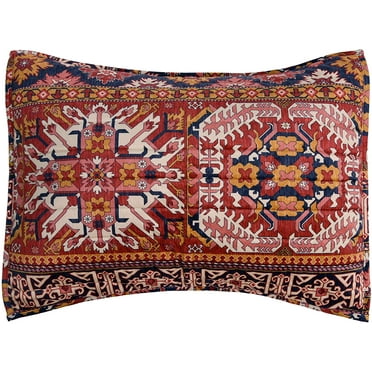 Levtex Home - Madera Standard Sham - Navy, Rust, Orange and Cream - Printed Velvet Medallion Stripe - 20 x 26 in. - Polyester Velvet