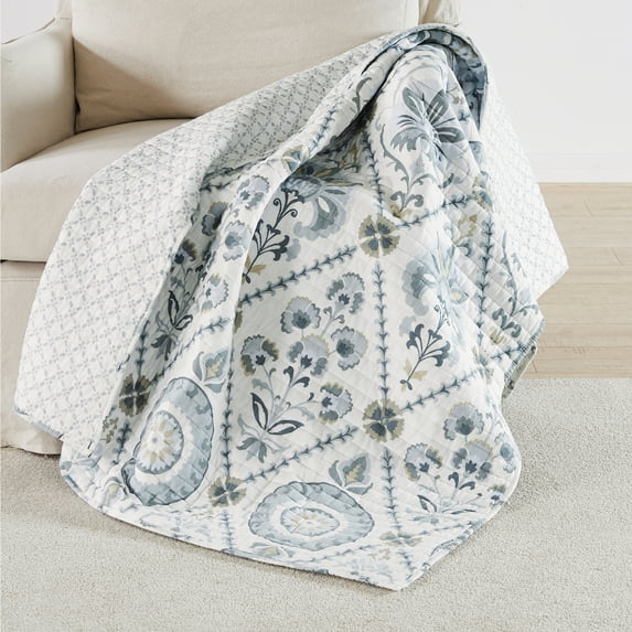 Levtex Home - Maeve Neutral - Throw - Suzani Floral - Blue Grey, Taupe, Charcoal and Cream - Quilt (50x60in.) and Sham 50x60in. - Cotton