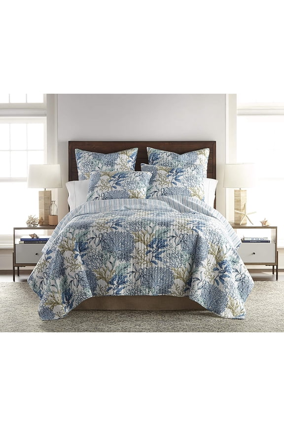 - Mahina Quilt Set - King Quilt + Two King Pillow Shams - Coastal - Taupe, Blue and White - Quilt Size (106x92in.) and Pillow Sham Size (36x20in. ) - Reversible - Cotton